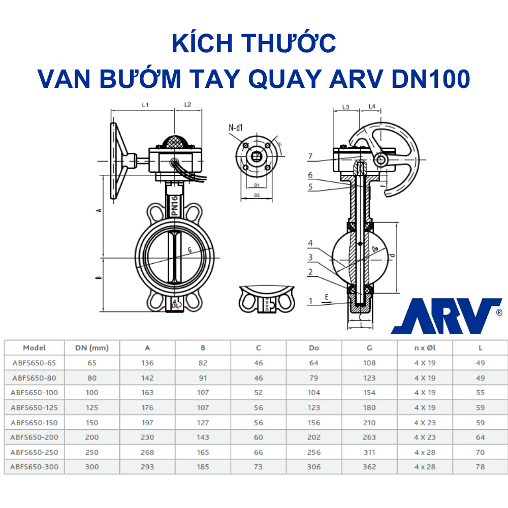 Van bướm tay quay ARV DN100 13 Kích thước Van bướm tay quay ARV DN100